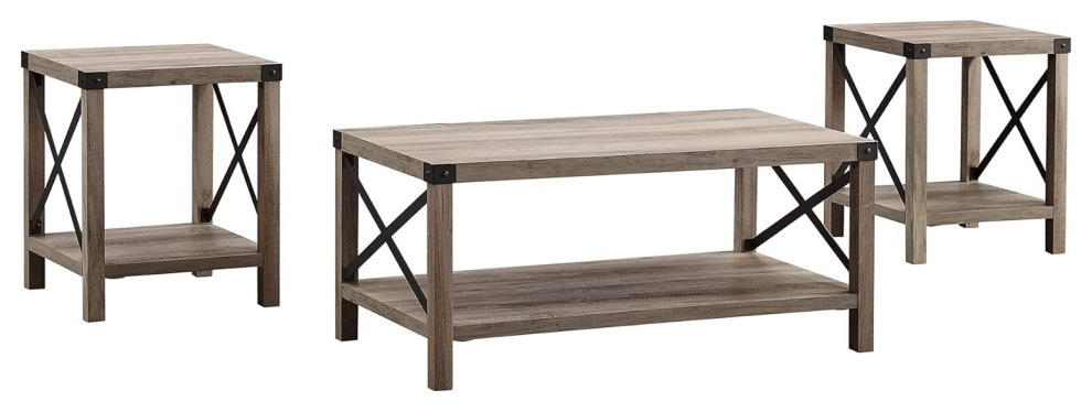 Industrial Coffee Table Set, X-Shaped Metal Sides & Bottom Open Shelf, Grey Wash