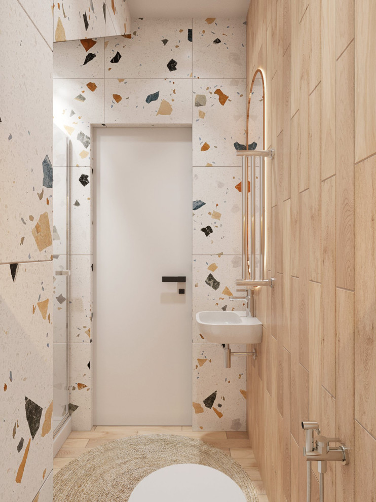 ロンドンにある低価格の小さな北欧スタイルのおしゃれなバスルーム (浴槽なし) (洗い場付きシャワー、開き戸のシャワー) の写真