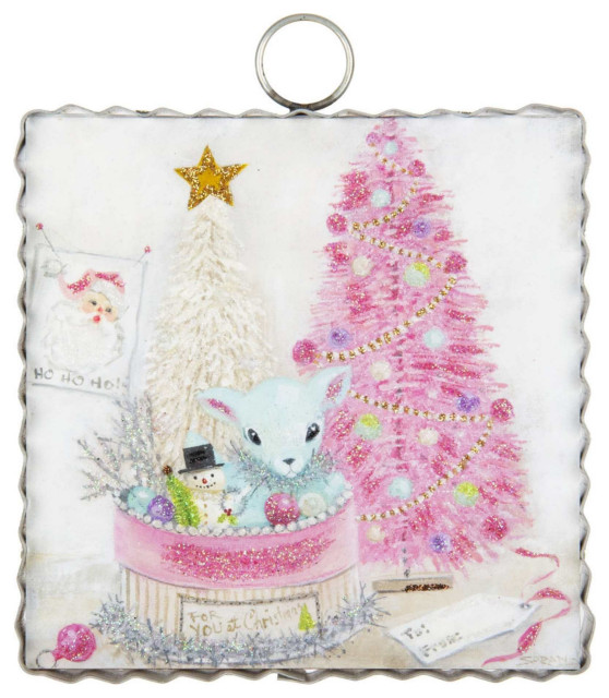 Round Top Collection Mini Gallery Vintage Deer Wood Christmas Sign Pink