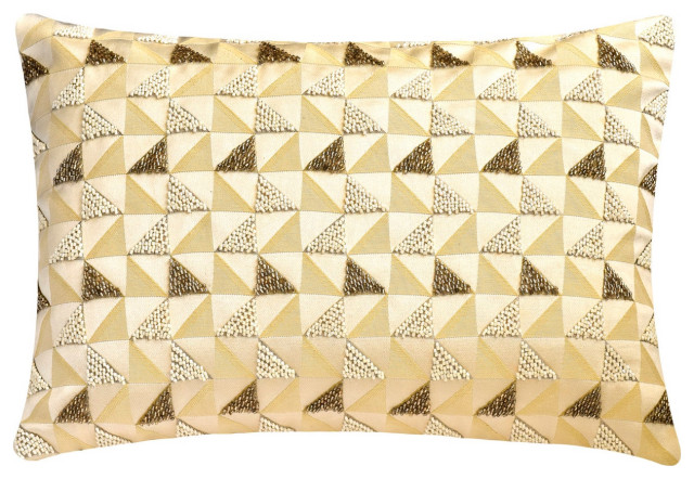 Gold and Ivory Jacquard 12"x26" Lumbar Pillow Cover, Mosaic Beaded Gold Triad