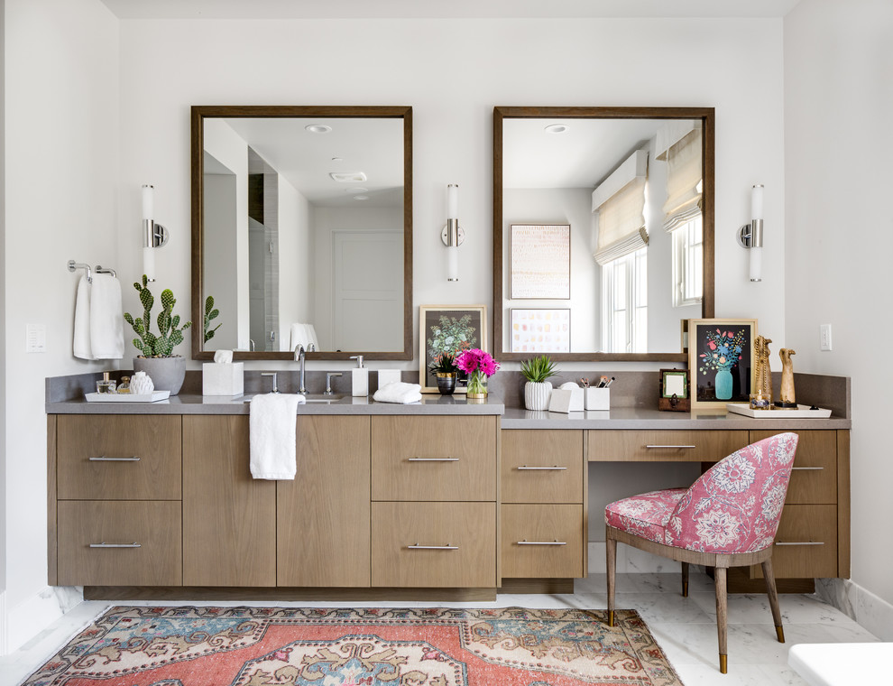 Design ideas for a mid-sized transitional master bathroom in Orange County with flat-panel cabinets, medium wood cabinets, grey walls, marble floors, an undermount sink, engineered quartz benchtops, grey benchtops and white floor.