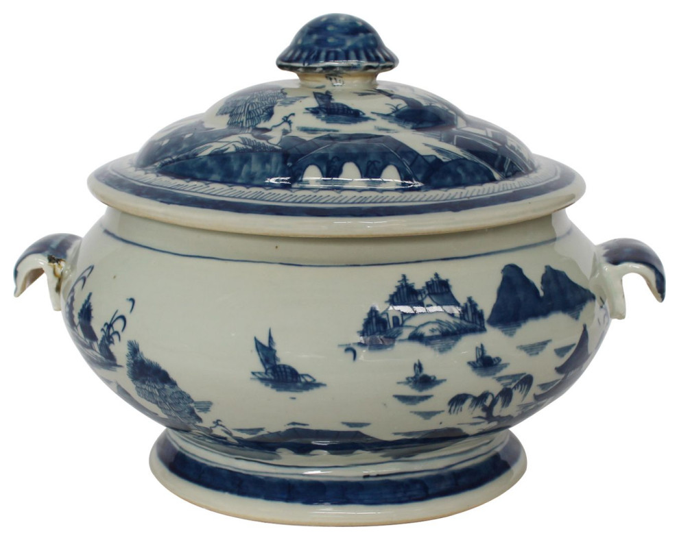 Blue And White Porcelain Oval Fruit Jar With Lid