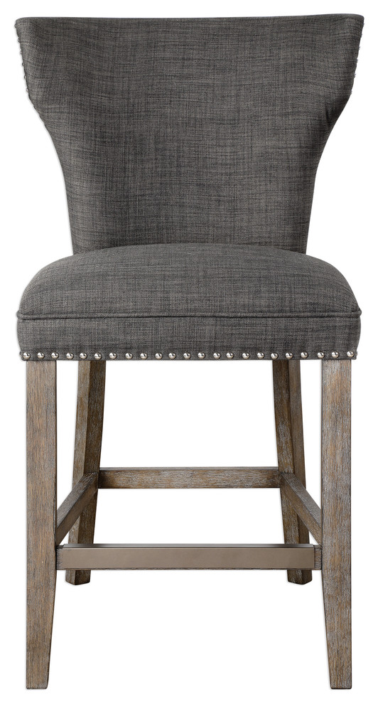 Retro Charcoal Gray Bar Counter Stool, Back Cushion Nailhead Wood