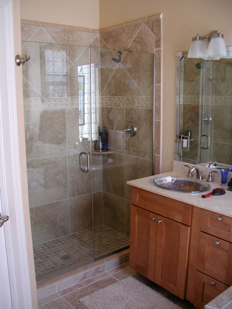 Alcove shower - transitional 3/4 beige tile and ceramic tile ceramic tile and beige floor alcove shower idea with beige walls and a hinged shower door
