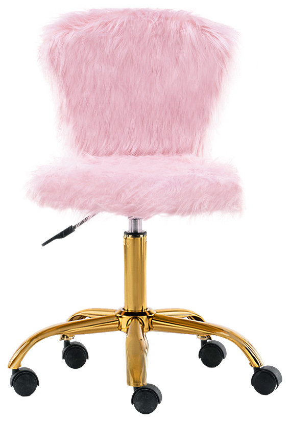 Faux Fur Upholstered Pink Makeup Vanity Chairs With Golden Chrome Base 