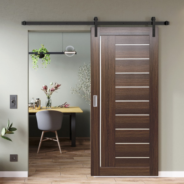 Barn Door Tallahassee Whiskey Oak Glazed Light 24x80, 32x80 Transitional Interior Doors by