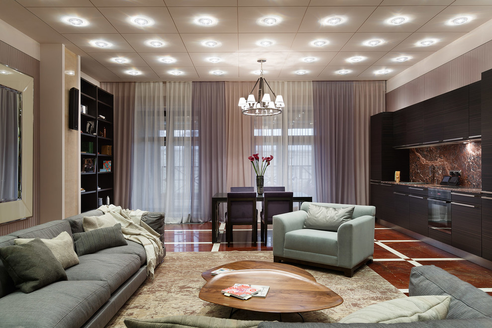 Design ideas for a contemporary formal open concept living room in Moscow.