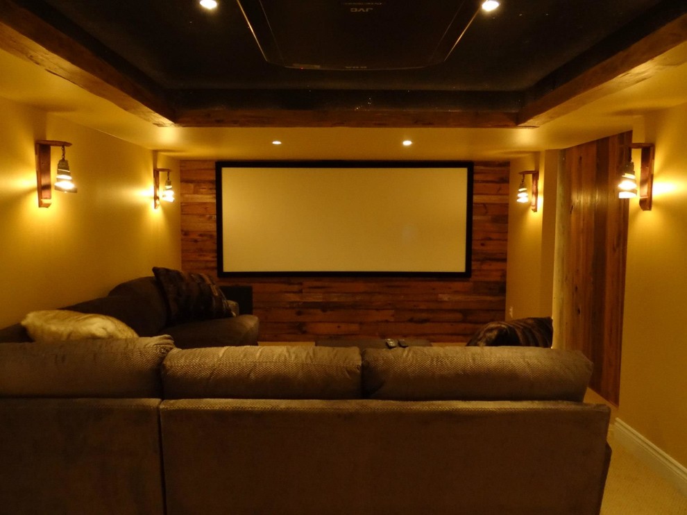 Inspiration for a country enclosed home theatre in Ottawa with yellow walls and carpet.