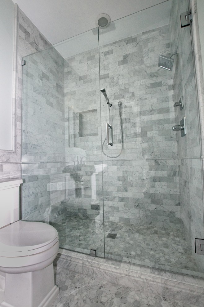 Inspiration for a mid-sized traditional 3/4 bathroom in Other with subway tile, an alcove shower, a two-piece toilet, gray tile, blue walls, mosaic tile floors and a pedestal sink.