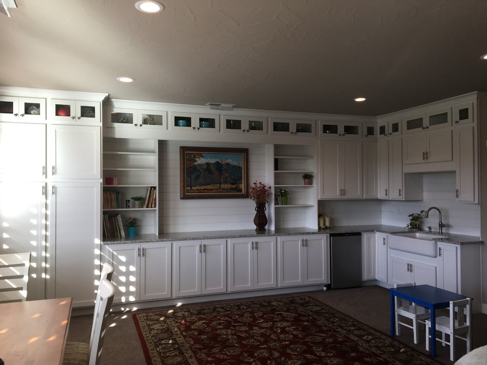 Shaker Style Basement Kitchenette with White Cabinets with Shiplap