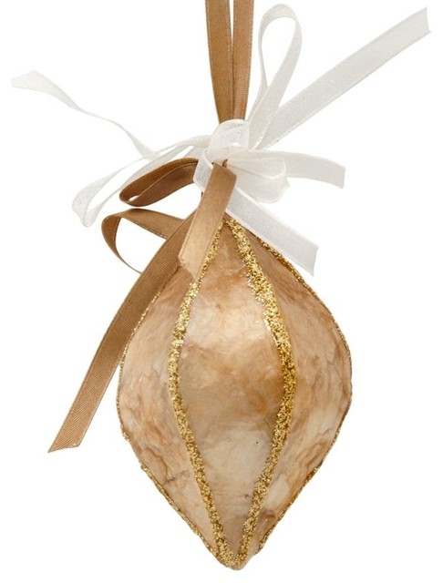 Holiday Tree Ornament Pointed Tensile in Gold Capiz Seashell, Set of 2