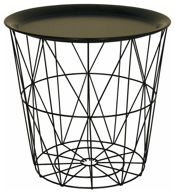 Modern End Table with Round Black Metal Removable Tray and Wire Basket