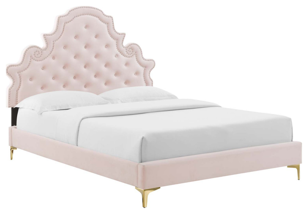 Gwyneth Tufted Performance Velvet Full Platform Bed, Pink