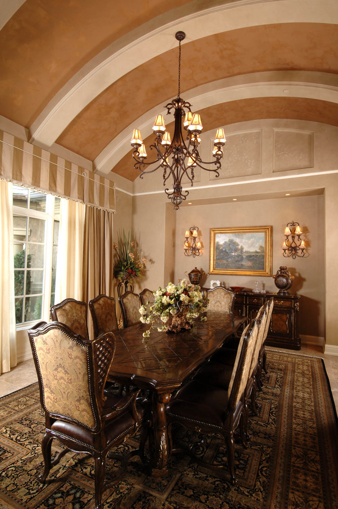 Inspiration for a traditional separate dining room in Other with beige walls and beige floor.