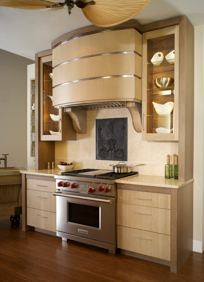 Inspiration for a contemporary kitchen remodel in Other with glass-front cabinets and light wood cabinets