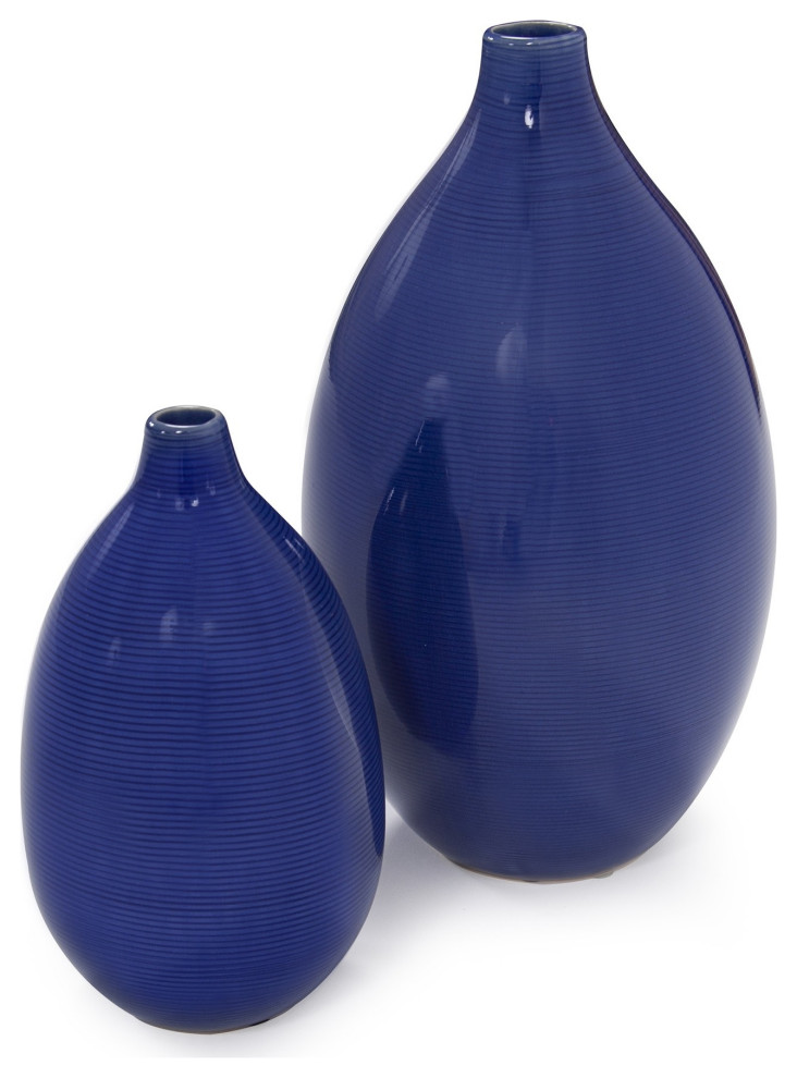 Deep Indigo Blue Ceramic Bulb Vases, 2Piece Set Contemporary Vases