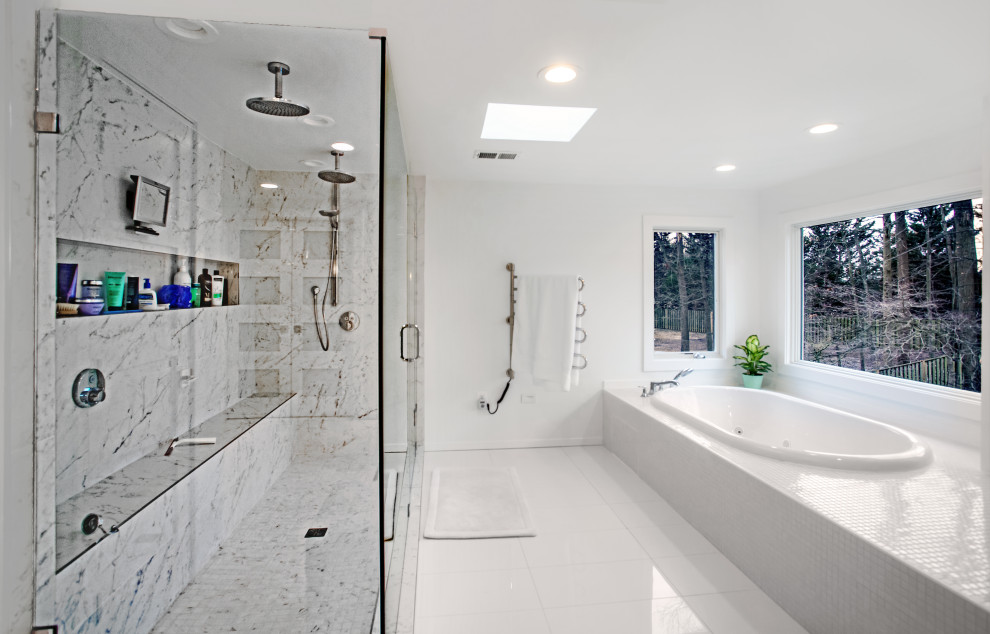 Large trendy master white tile and porcelain tile porcelain tile, white floor and double-sink bathroom photo in DC Metro with flat-panel cabinets, white cabinets, a bidet, white walls, an undermount sink, quartz countertops, a hinged shower door, white countertops and a built-in vanity