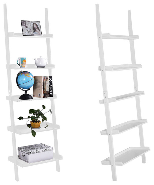 Costway Versatile White 5 Tier Bookshelf Shelf Ladder Bookcase