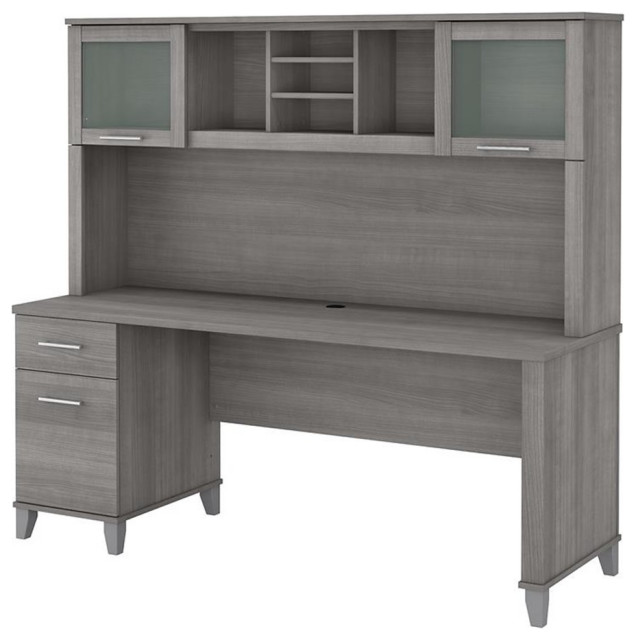Pemberly Row 72W Office Desk with Drawers and Hutch in Gray
