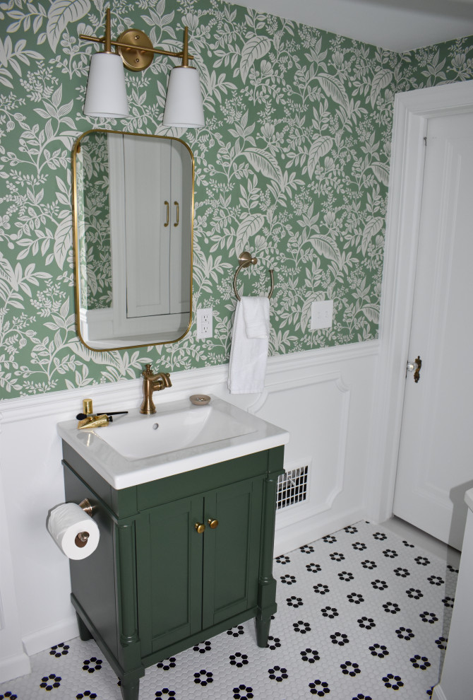 Bathroom - mid-sized transitional kids' white tile and ceramic tile single-sink, ceramic tile and white floor bathroom idea in Detroit with furniture-like cabinets, green cabinets, white countertops and a freestanding vanity