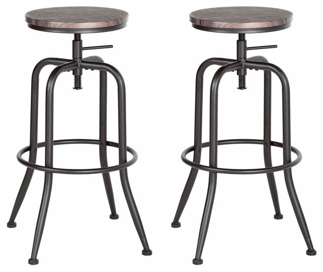 Rustic Set of 2 Bar Stools With Black Metal Frame, Wooden Top Adjustable Height
