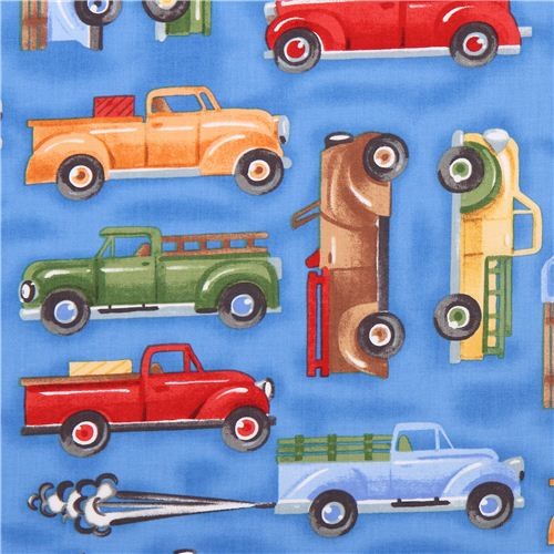 blue pickup truck car fabric Clothworks Retromobilia - Fabric