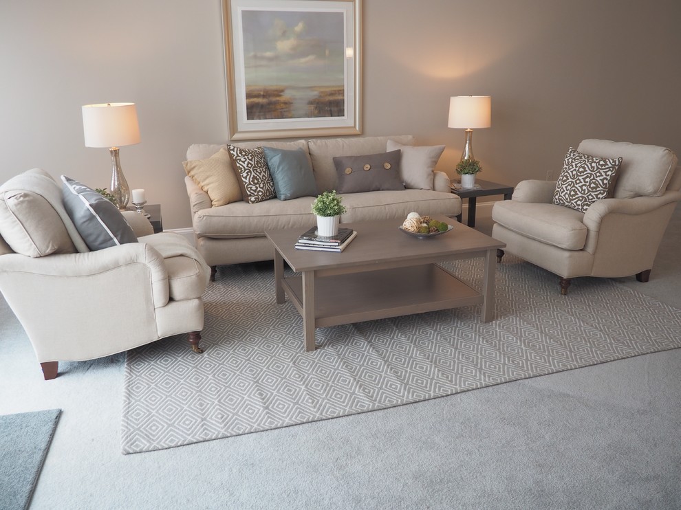 Mid-sized transitional open concept living room in Boston with grey walls, carpet, a standard fireplace, a stone fireplace surround and no tv.