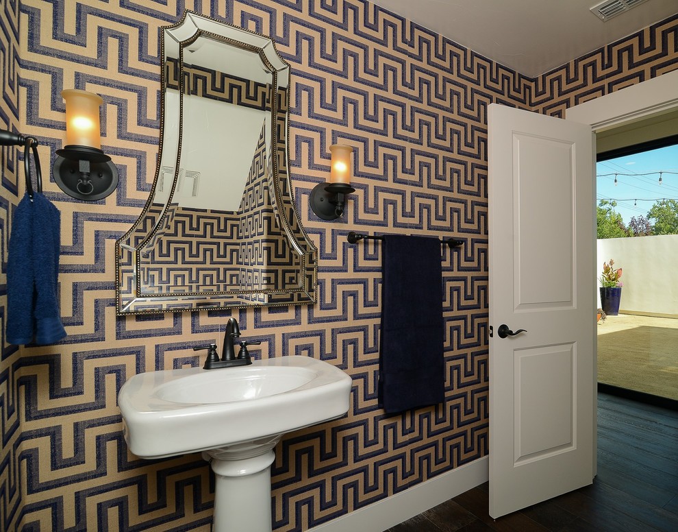 Huge transitional dark wood floor powder room photo in Sacramento with multicolored walls and a pedestal sink