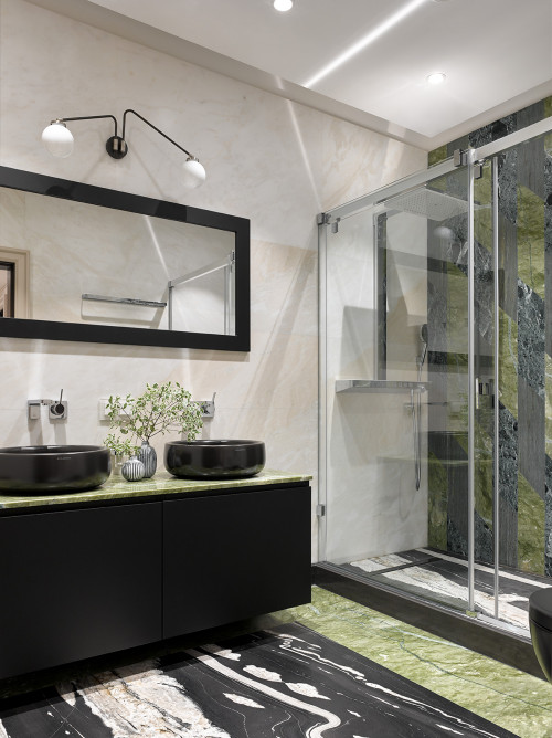 Vibrant Modernity: Green Tiles in Black Bathroom Vanity Ideas