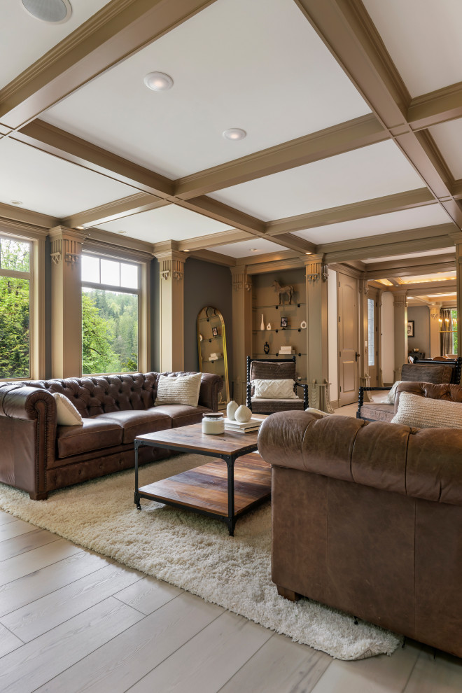Inspiration for a large traditional enclosed games room in Seattle with a home bar, grey walls, vinyl flooring, beige floors, a coffered ceiling, a standard fireplace and a stone fireplace surround.