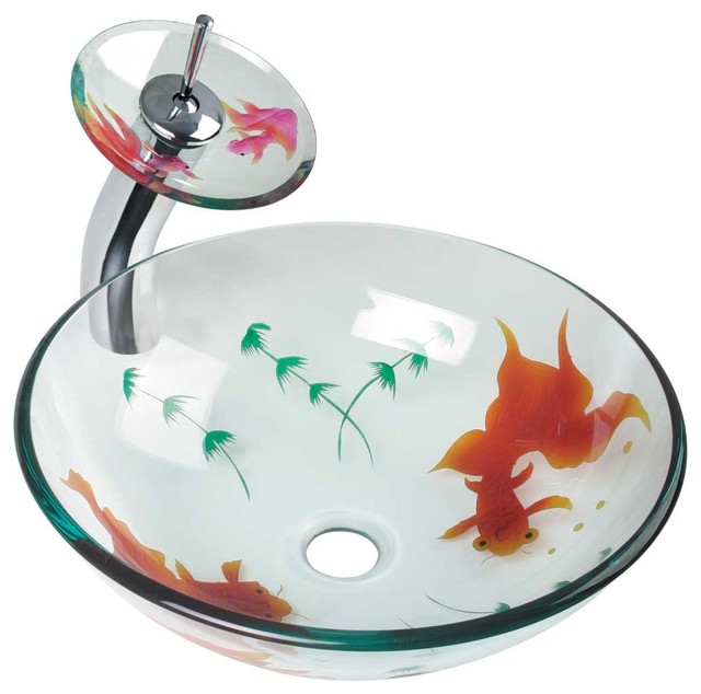 Glass Vessel Sink Koi Fish Waterfall Faucet Combo Pack |