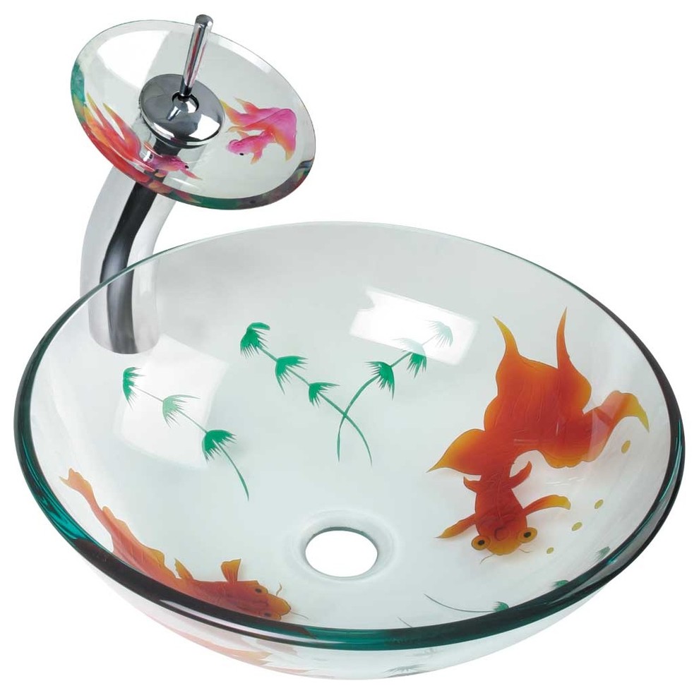 Glass Vessel Sink Koi Fish Waterfall Faucet Combo Pack Contemporary