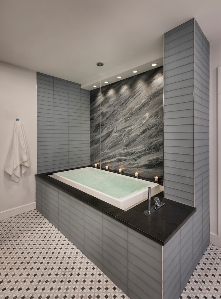Inspiration for a large modern master wet room bathroom in Boston with grey walls, mosaic tile floors, an integrated sink, multi-coloured floor, a hinged shower door, white cabinets, a hot tub, gray tile, glass tile, granite benchtops, grey benchtops, a double vanity and a freestanding vanity.