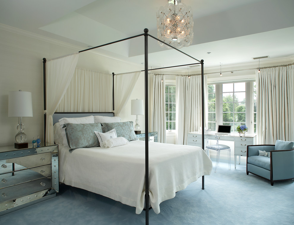 This is an example of a large contemporary master bedroom in New York with grey walls, carpet, blue floor and no fireplace.