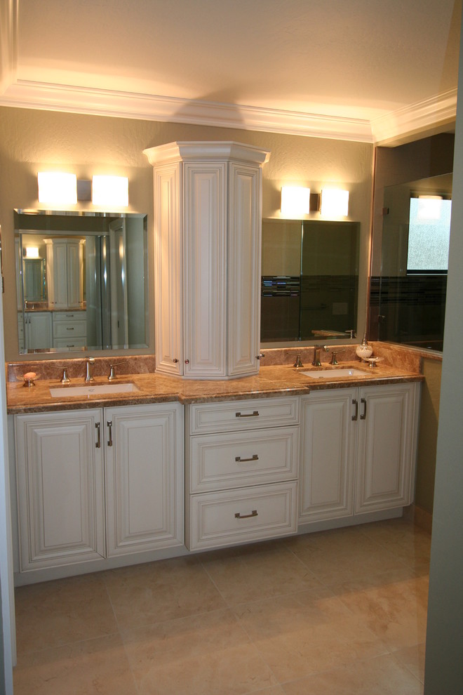 Inspiration for a mid-sized traditional master bathroom in San Francisco with an undermount sink, raised-panel cabinets, white cabinets, marble benchtops, a double shower, multi-coloured tile, glass tile, beige walls and mosaic tile floors.