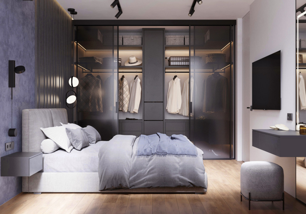 Источник вдохновения для домашнего уюта: гардеробная комната среднего размера в скандинавском стиле с паркетным полом среднего тона и коричневым полом