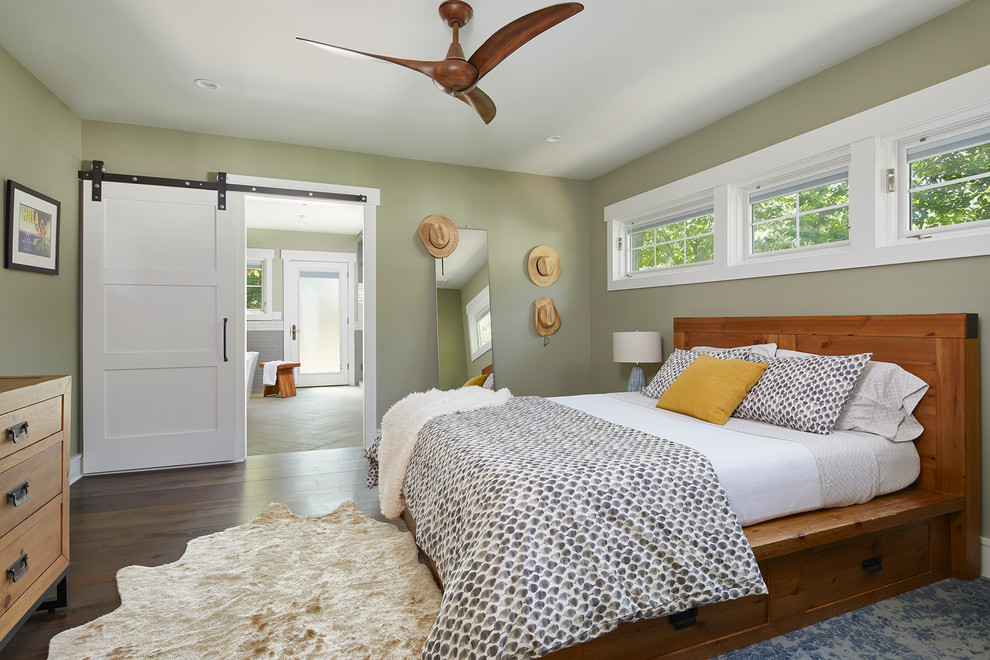 Inspiration for a small cottage master dark wood floor and brown floor bedroom remodel in Austin with green walls