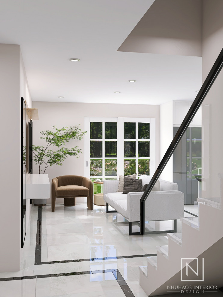 Foto di un piccolo soggiorno design aperto con pavimento in gres porcellanato, TV a parete e pavimento grigio