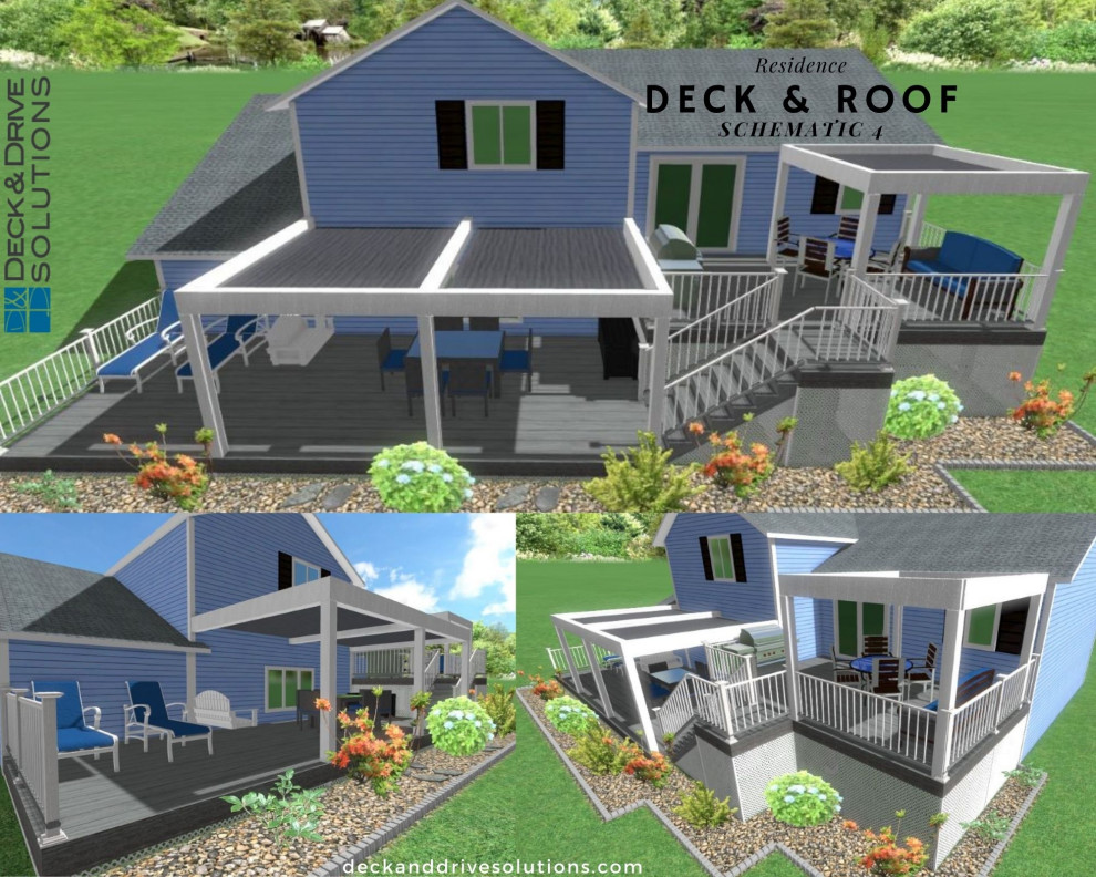 Inspiration for a large backyard ground level metal railing deck remodel with a pergola