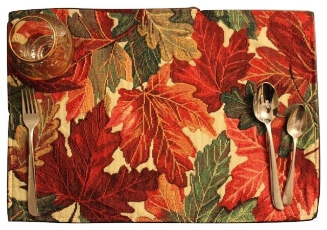 Warm Tapestry Colorful Thanksgiving Leaves Fall Foliage Placemats, Set Of 4
