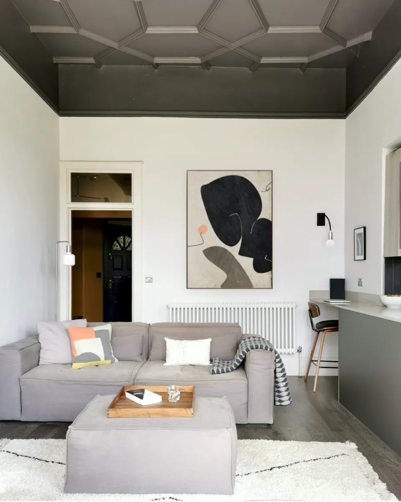 Réalisation d'un salon gris et noir nordique de taille moyenne et ouvert avec un mur blanc, sol en stratifié, aucune cheminée, aucun téléviseur, un sol marron et éclairage.
