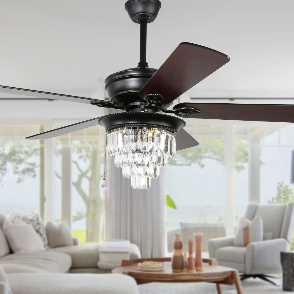 52 inch black finish crystal ceiling fan with 5 reversible blades