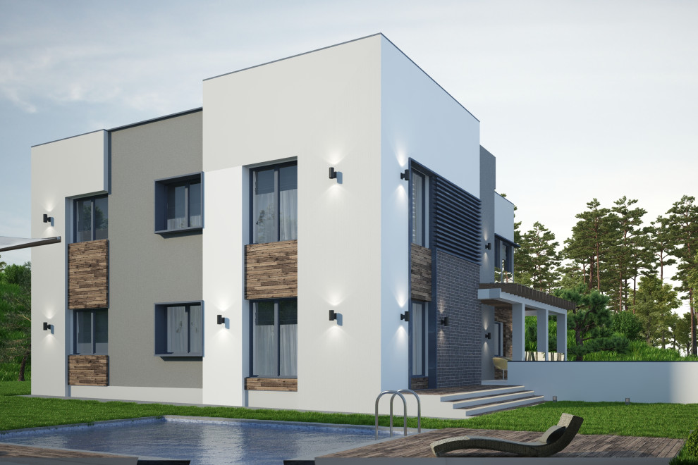На фото: серый частный загородный дом в стиле модернизм с плоской крышей и серой крышей с