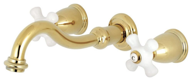 Wall Mounted Bathroom Faucet, 2 Elegant Crossed White Handles, Polished Brass