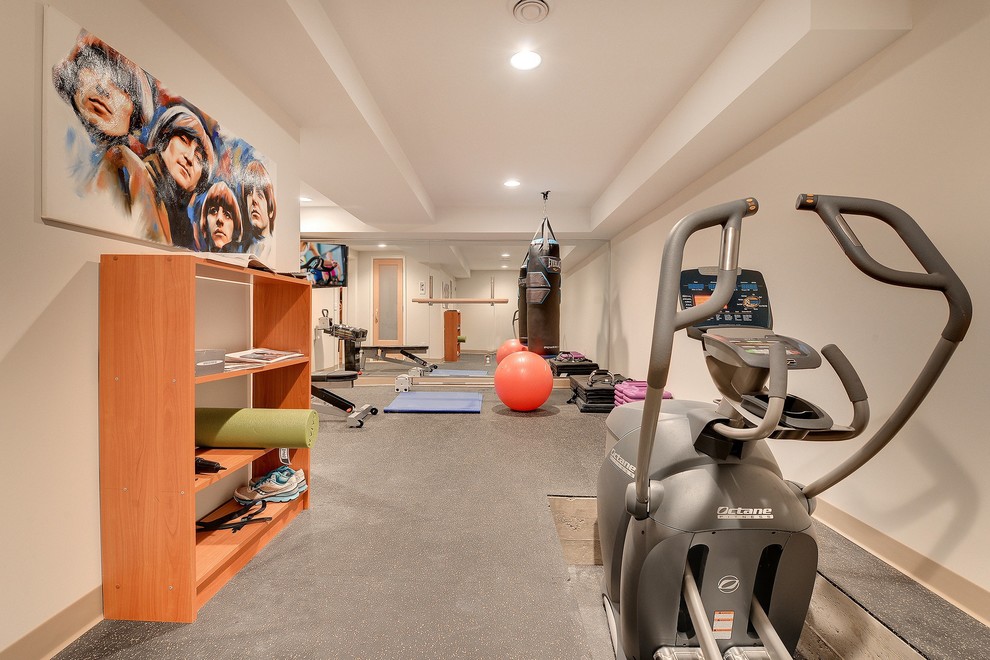 Design ideas for a transitional home gym in Minneapolis.