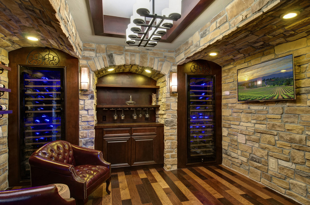 Photo of a mid-sized traditional wine cellar in Denver with dark hardwood floors, display racks and multi-coloured floor.