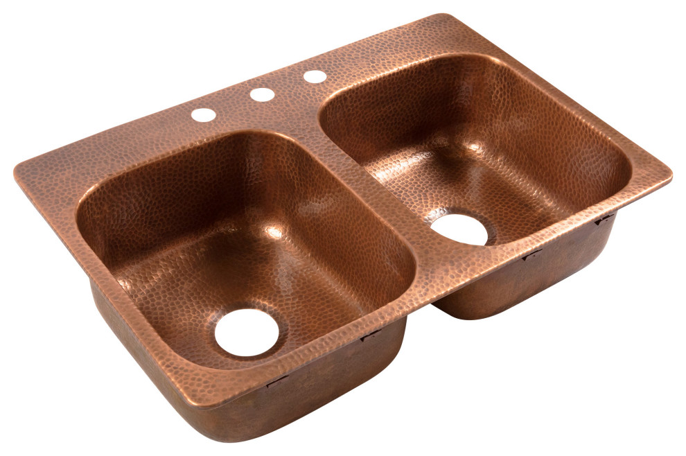 Angelico Copper 33" Double Bowl Drop-In Kitchen Sink With 3 Hole