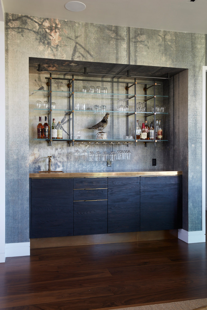 This is an example of a medium sized midcentury single-wall wet bar in Philadelphia with floating shelves and an integrated sink.