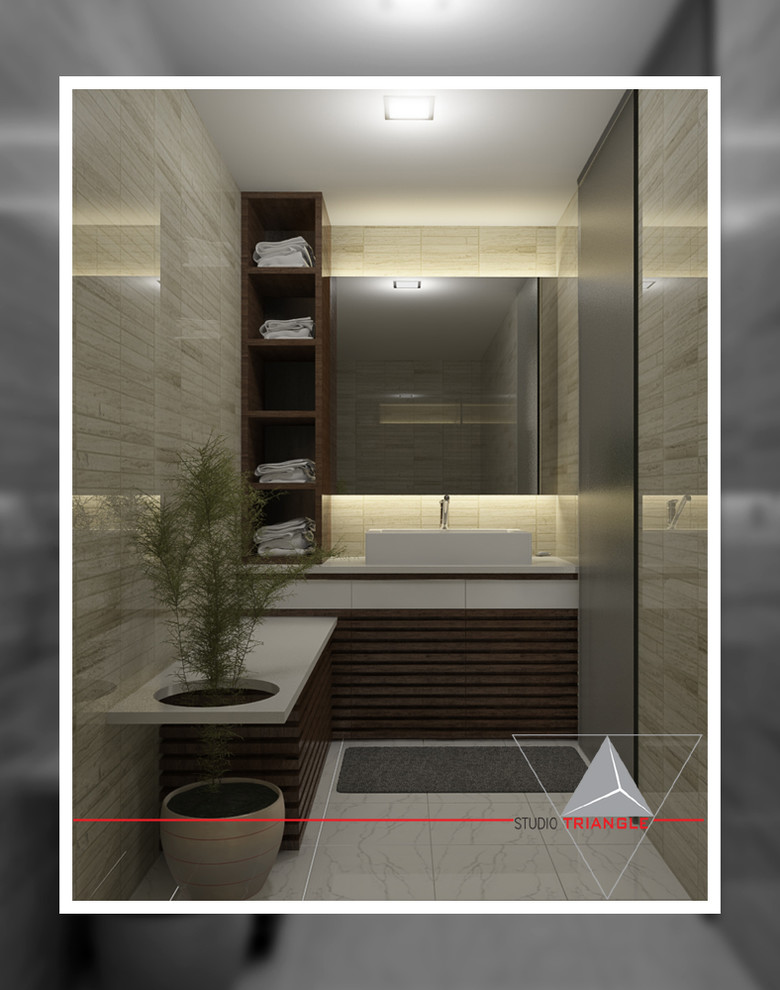 Double shower - mid-sized modern master multicolored tile and ceramic tile double shower idea with flat-panel cabinets, gray cabinets and granite countertops