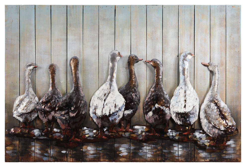 "Ducks" Handed Painted Iron Wall Sculpture on Wooden Wall Art